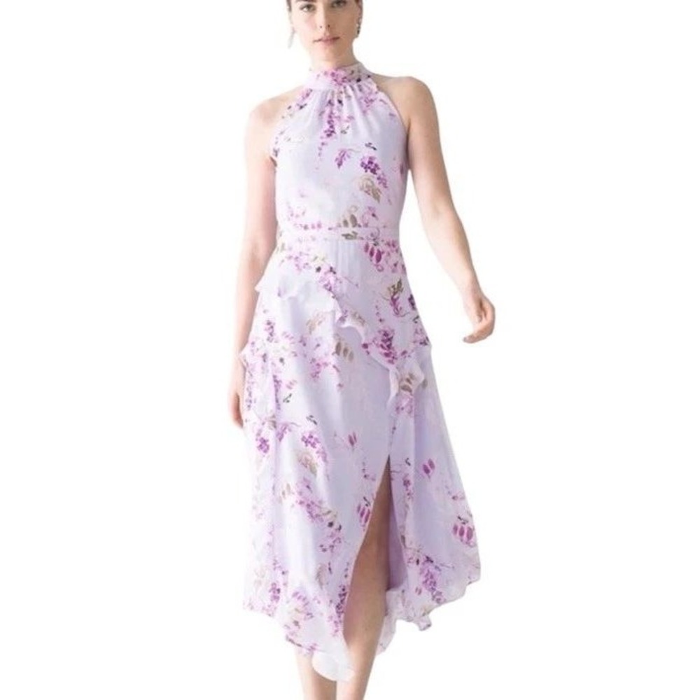 White House Black Market Lilac Floral Halter Ruffle Midi Dress Size 6 570323405